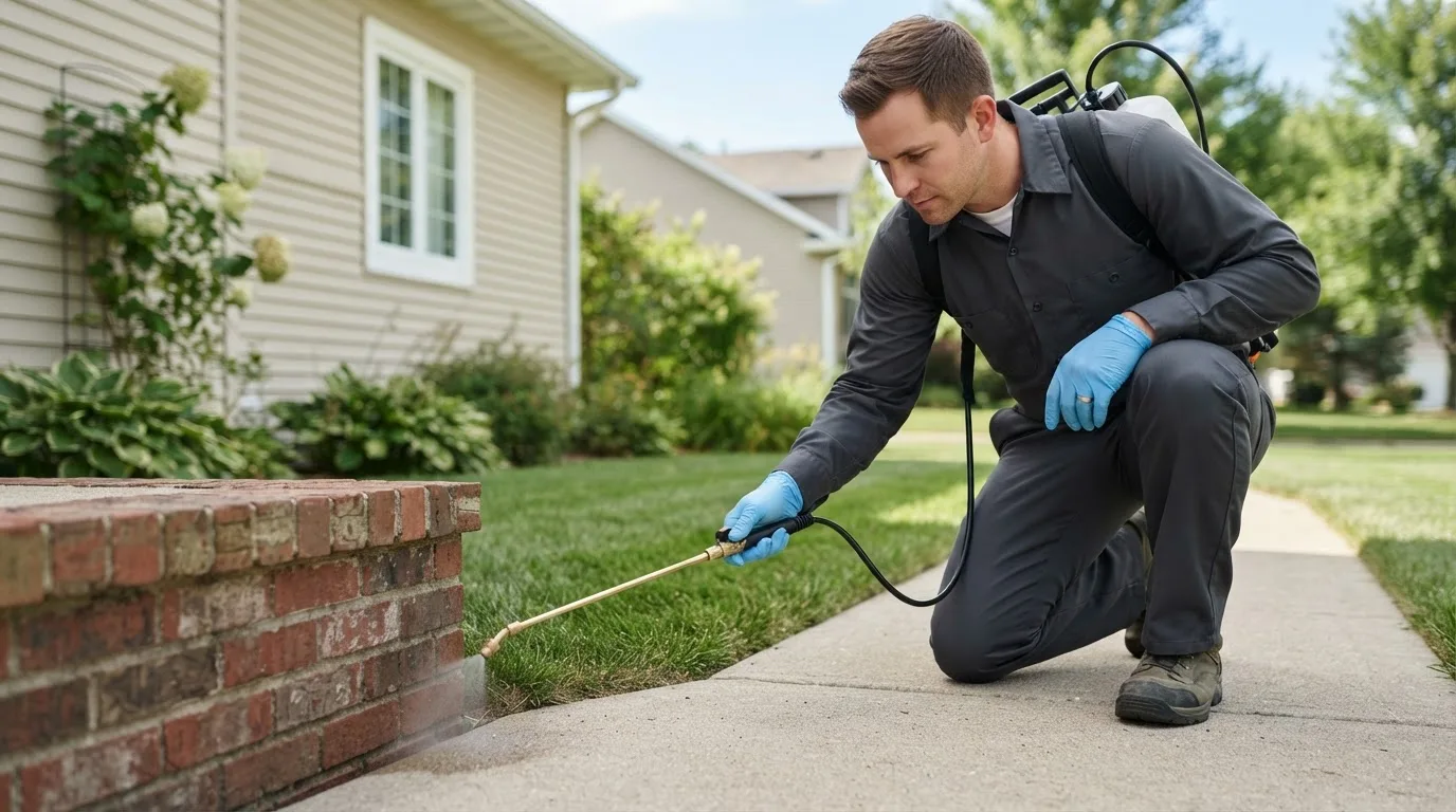 Pest control technician treating a home near Paradise, MI
